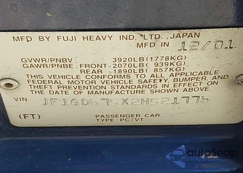 2002 Subaru Impreza 2.5Rs from USA, damaged, VIN JF1GD675X2H521776